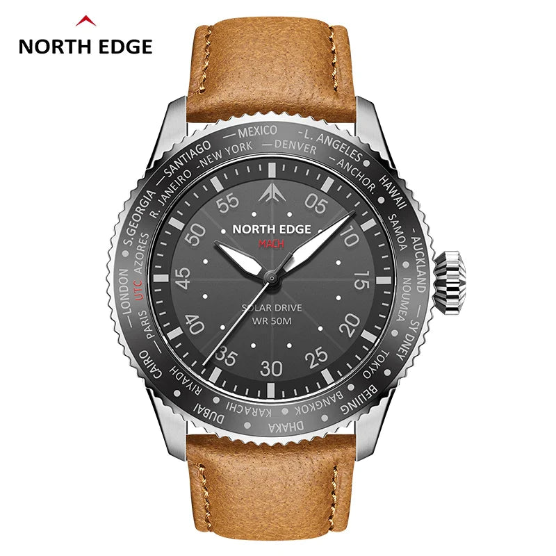 NORTH EDGE MACH 2024 Solar Powered Men's Watch – Dual Time Zone Waterproof Pilot Watch with TPR Nylon Strap