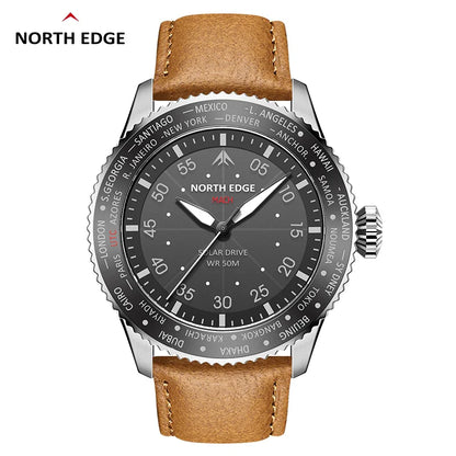 NORTH EDGE MACH 2024 Solar Powered Men's Watch – Dual Time Zone Waterproof Pilot Watch with TPR Nylon Strap