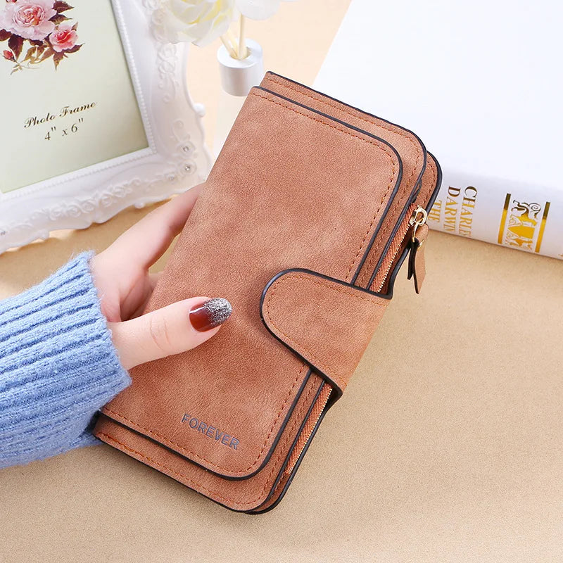 Women’s Korean Style Three-Fold Wallet – Multi-Card Buckle Purse with Frosted Two-Tone Fabric