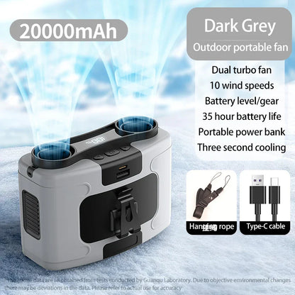 Portable Waist & Neck Hanging Fan – 5-Speed Strong Wind Cooling Fan with LED Light | 10000/20000mAh Rechargeable Battery, Outdoor Sports & Work Wearable Fan