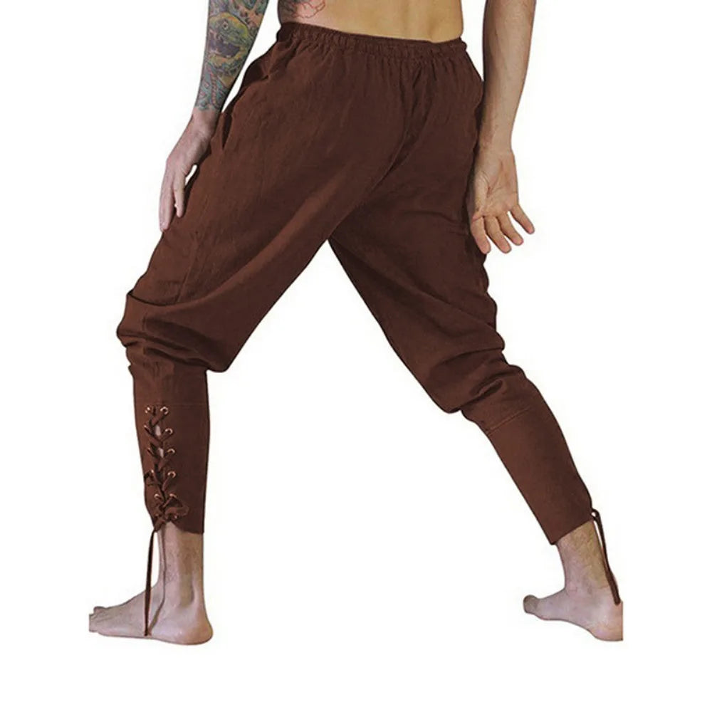 Men’s Pirate & Viking Costume Pants – Renaissance Medieval Drawstring Shorts for Halloween Cosplay