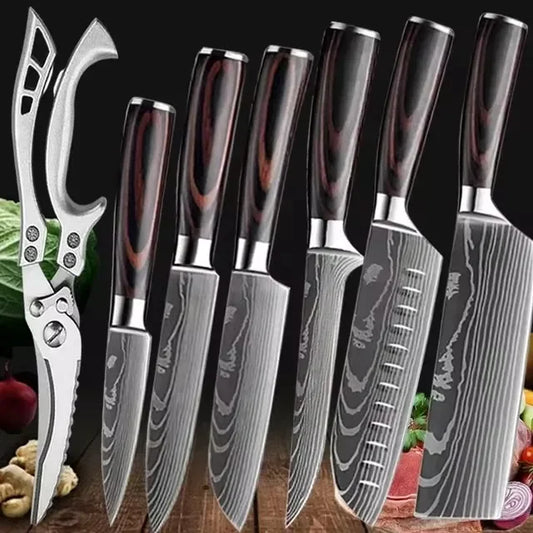 Laser Damascus Kitchen Knife Set – Cleaver, Meat, Fruit, Bread, Boning Knife and Chicken Scissors for Barbecue and Home Cooking