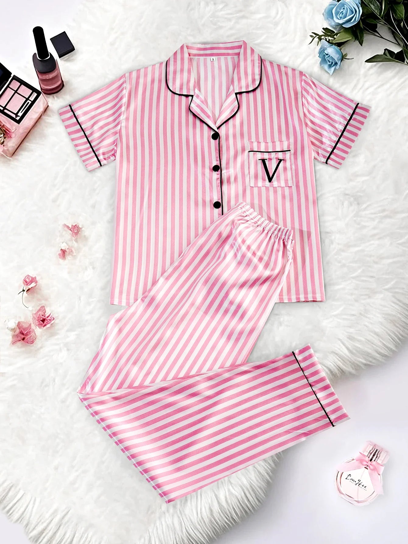 Classic Striped Satin Pajama Set – Short-Sleeve Top with Pocket & Long Pants Sleepwear with Lapel Collar