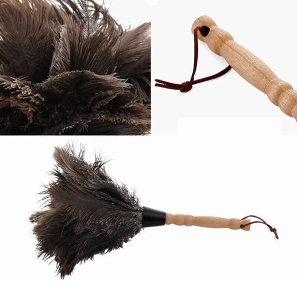 Ostrich Feather Dusting Brush – Wooden Handle Anti-Static Household & Car Cleaning Duster Tool