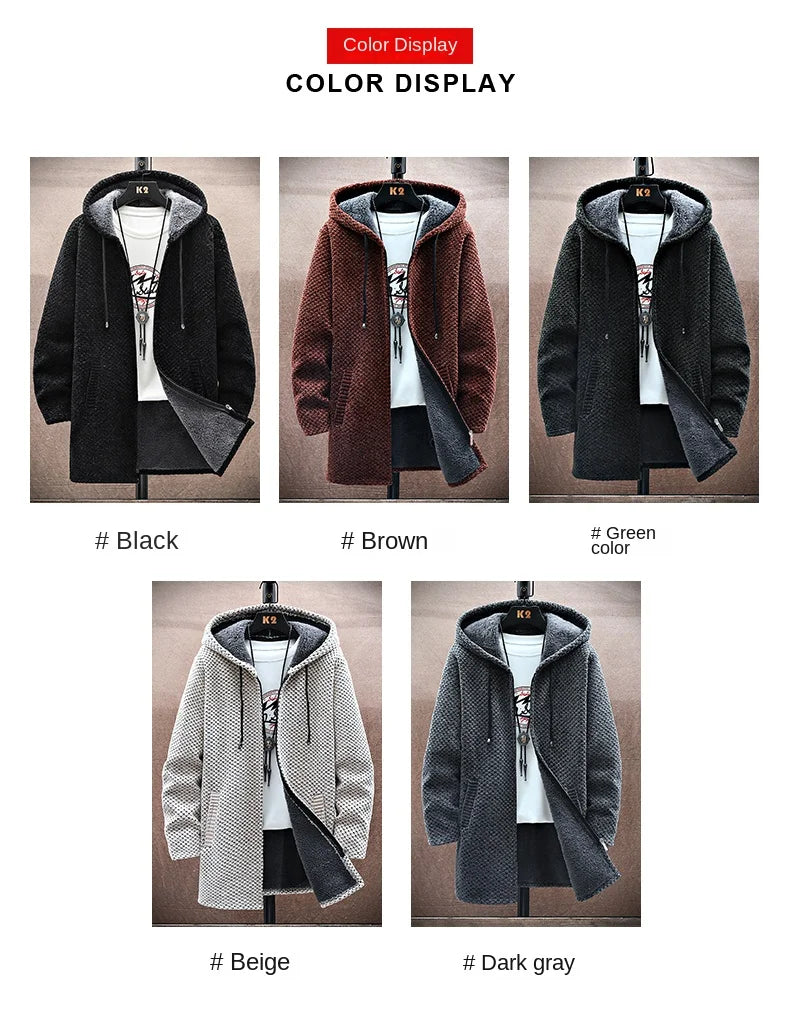Men's Cashmere Hooded Cardigan Coat – Warm Fleece Long Sweater Jacket for Autumn Winter