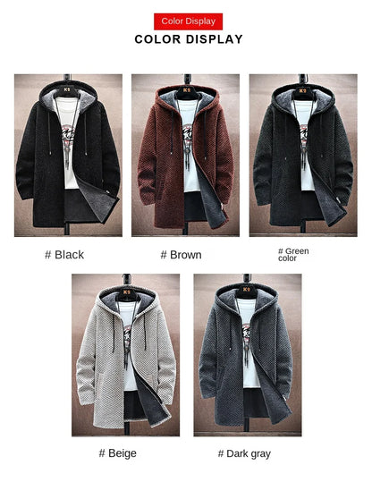 Men's Cashmere Hooded Cardigan Coat – Warm Fleece Long Sweater Jacket for Autumn Winter