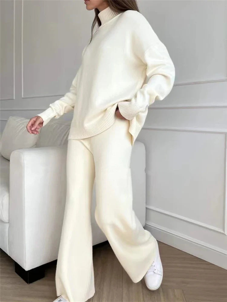 Women’s 2-Piece Autumn & Winter Knitted Tracksuit – Turtleneck Sweater with Straight Jogging Pants Set