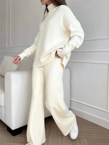 Women’s 2-Piece Autumn & Winter Knitted Tracksuit – Turtleneck Sweater with Straight Jogging Pants Set