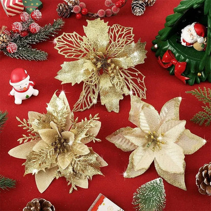 8/16PCS Christmas Decoration Set – Glitter Artificial Flowers for Tree, Home Decor, Xmas Ornaments, and New Year Decoration