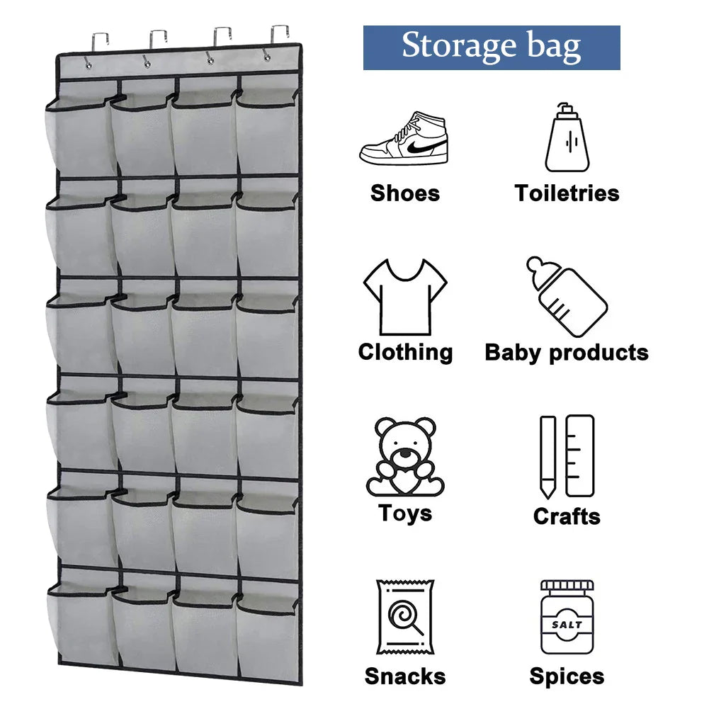 24-Pocket Clear-View Hanging Shoe Organizer with 4 Metal Hooks — Over-the-Door Wall Storage Bag