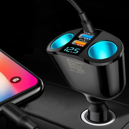 Dual-Port Car Charger Adapter – Digital Display, Simultaneous Charging for Multiple Devices