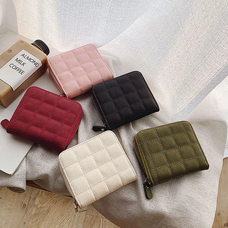 Women’s Small PU Leather Zipper Wallet with Coin Purse – Cute Plaid Mini Korean Card Holder, New Arrival