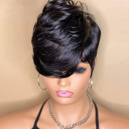 Pixie Cut Human Hair Wig for Women – Short Layered Wig with Bangs, Brazilian Real Full Machine-Made Hair Replacement