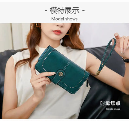 RFID Anti-Theft Retro Large Capacity Women's Wallet – Multi-Card Zipper Wallet with Wrist Strap