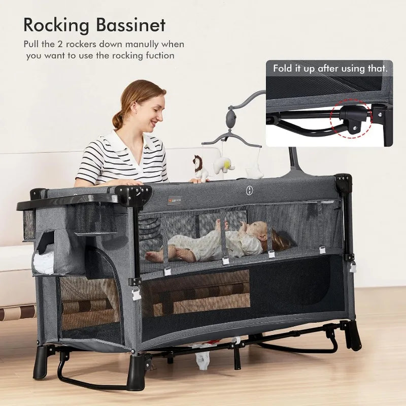 5-in-1 Baby Bassinet – Bedside Crib & Playpen with Diaper Changer and Removable Rocker, Pack and Play Convertible Baby Bed