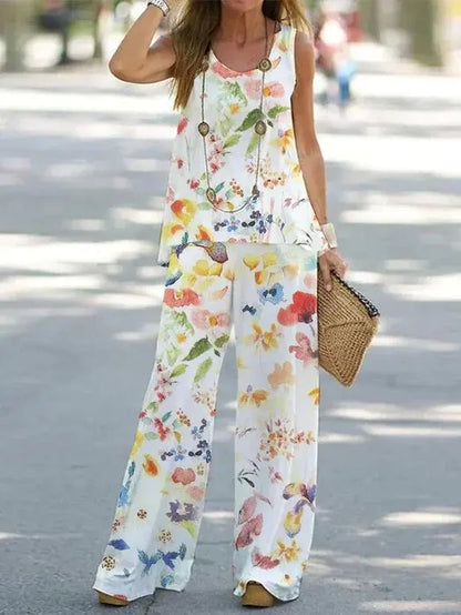 Women Printed 2-Piece Summer Suit Set – Sleeveless Round Neck Top & Wide Leg Pants Casual Loose Fit Outfit