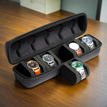 5-Slot Watch Case Travel Organizer — Hard Shell with Pillow Insert, Smartwatch Storage & Gift-Ready (Black)