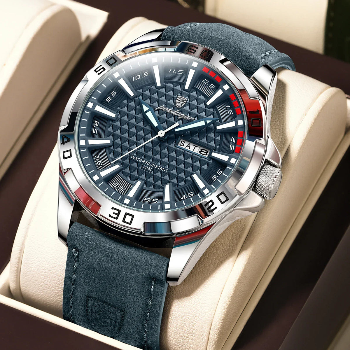POEDAGAR Men’s Luxury Wristwatch – Waterproof Quartz Sport Watch with Luminous Hands, Date & Week Display, Leather Strap