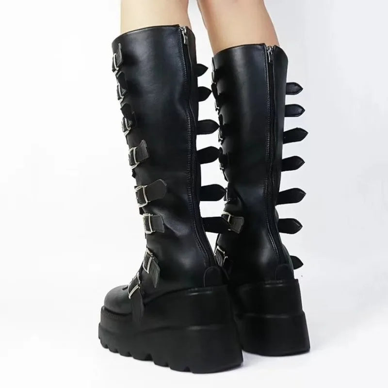Women’s Gothic Knee-High Platform Boots – Black Punk Motorcycle Shoes for Halloween Cosplay