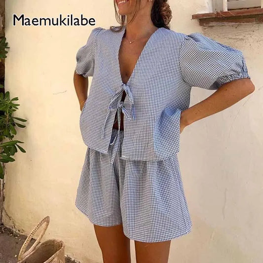 Maemukilabe Y2K Vintage Plaid 2-Piece Set for Women – Loose V-Neck Puff Sleeve Tie-Up Blouse & Shorts Lounge Matching Outfit