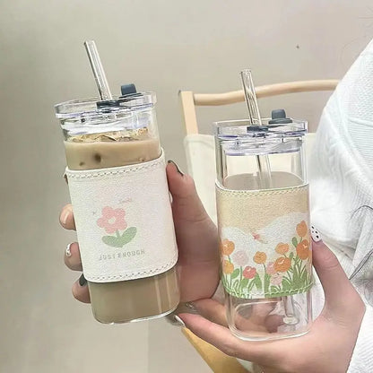 Square Heat-Resistant Glass Coffee Cup with Lid and Straw - Transparent Mug for Milk, Tea, Juice, Ideal for Home and Bar
