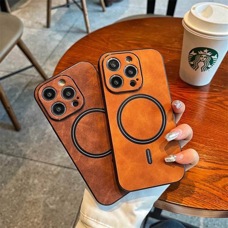 Luxury Matte Leather MagSafe Case for iPhone 15, 14 Plus, 13, 12, 11 Pro Max, X, XS, XR | Shockproof Magnetic Wireless Charging Cover