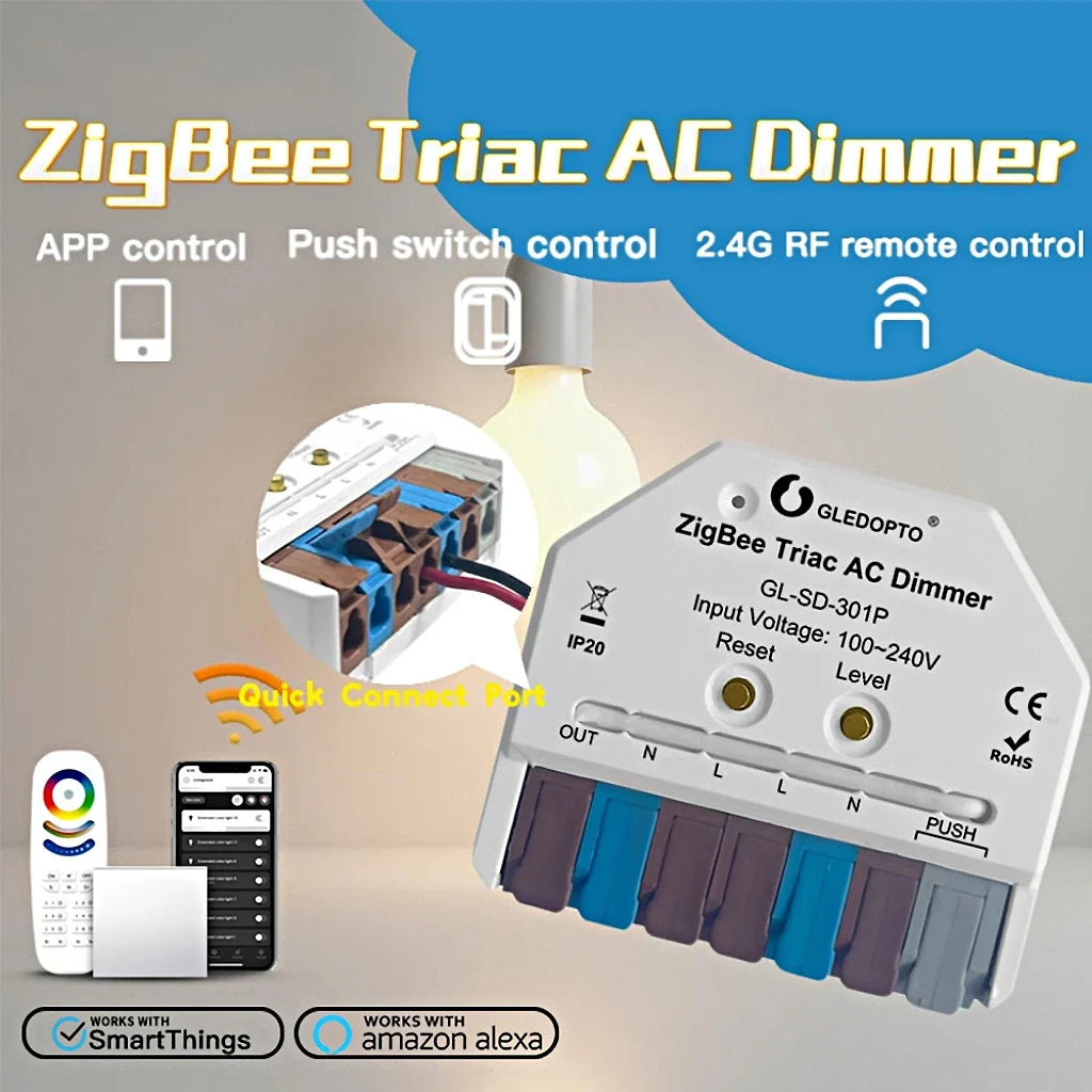 GLEDOPTO ZigBee 3.0 Mini Smart Triac AC Dimmer – APP, Voice, Button & 2.4G RF Control Smart Light Switch with Quick Connect Port