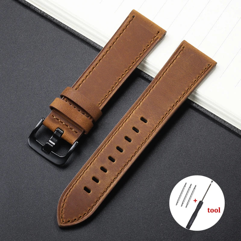 Calfskin Genuine Leather Watch Band – Black, Blue & Dark Brown Straps for Smartwatches, 18mm-24mm Accessories