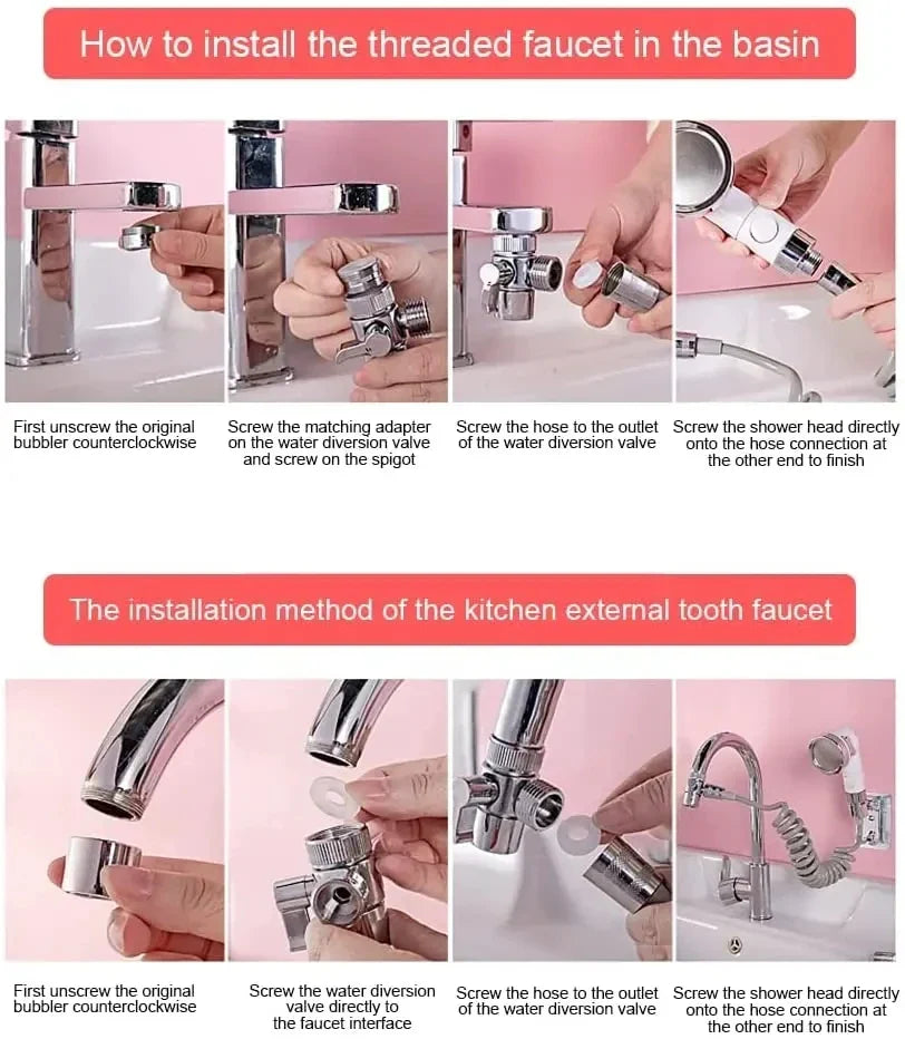 New Handheld Faucet Diverter Valve Set – Adjustable Shower Head Adapter for Home Bathroom & Kitchen Faucets