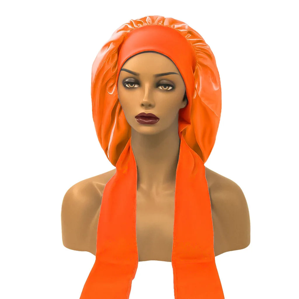 Satin Nightcap for Women - Wide Stretch, Extra-Large Long Tail, Shower Cap with Ribbon, Round Hat Hair Bonnet
