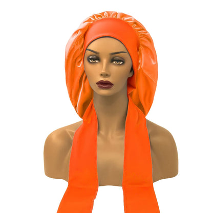 Satin Nightcap for Women - Wide Stretch, Extra-Large Long Tail, Shower Cap with Ribbon, Round Hat Hair Bonnet