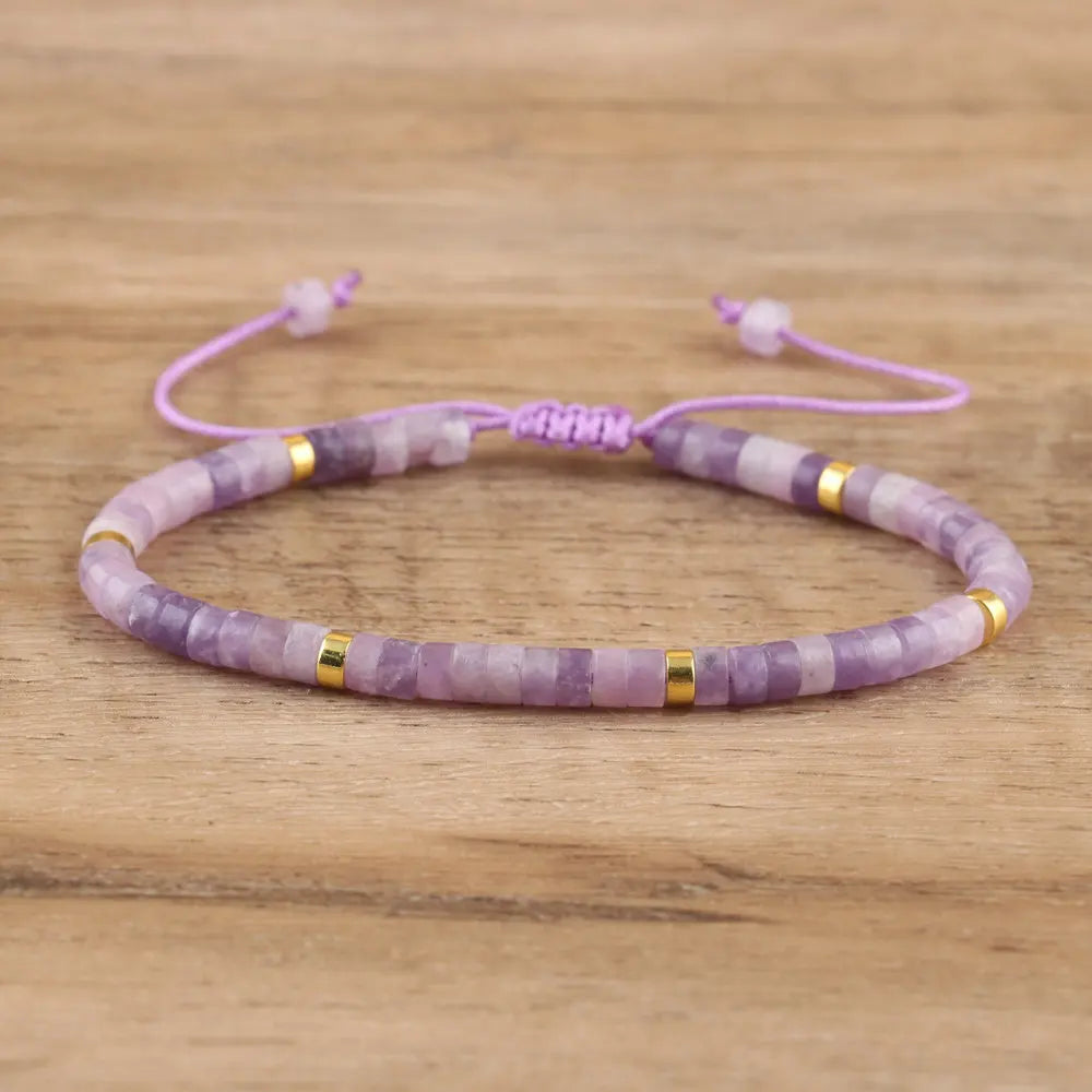 Natural Blue Emperor Stone Beaded Bracelet – Polished Block Beads, Adjustable Woven Rope Women’s Gift Jewelry