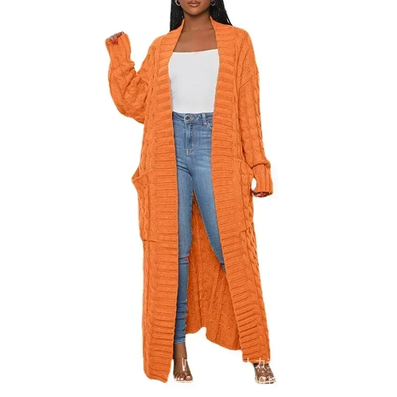 Open Front Cable Knit Longline Cardigan for Women – Long Sleeve, Loose Fit, Casual Fashion Knitwear, Solid Color
