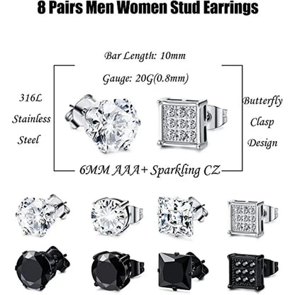 1–8 Pairs Stainless Steel Cubic Zirconia Stud Earrings Set – 6MM Unisex Minimalist Ear Piercing Jewelry for Men & Women