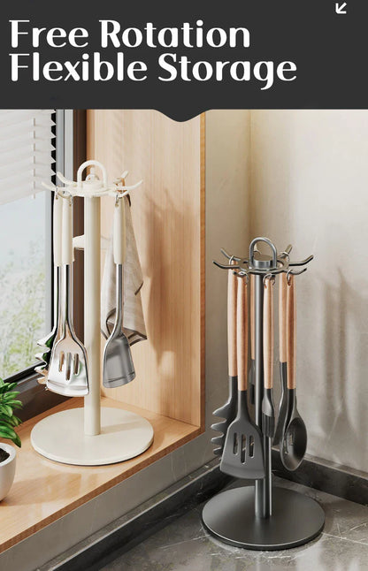 Rotating Kitchen Utensil Stand — 8-Hook Countertop Organizer for Cooking Tools