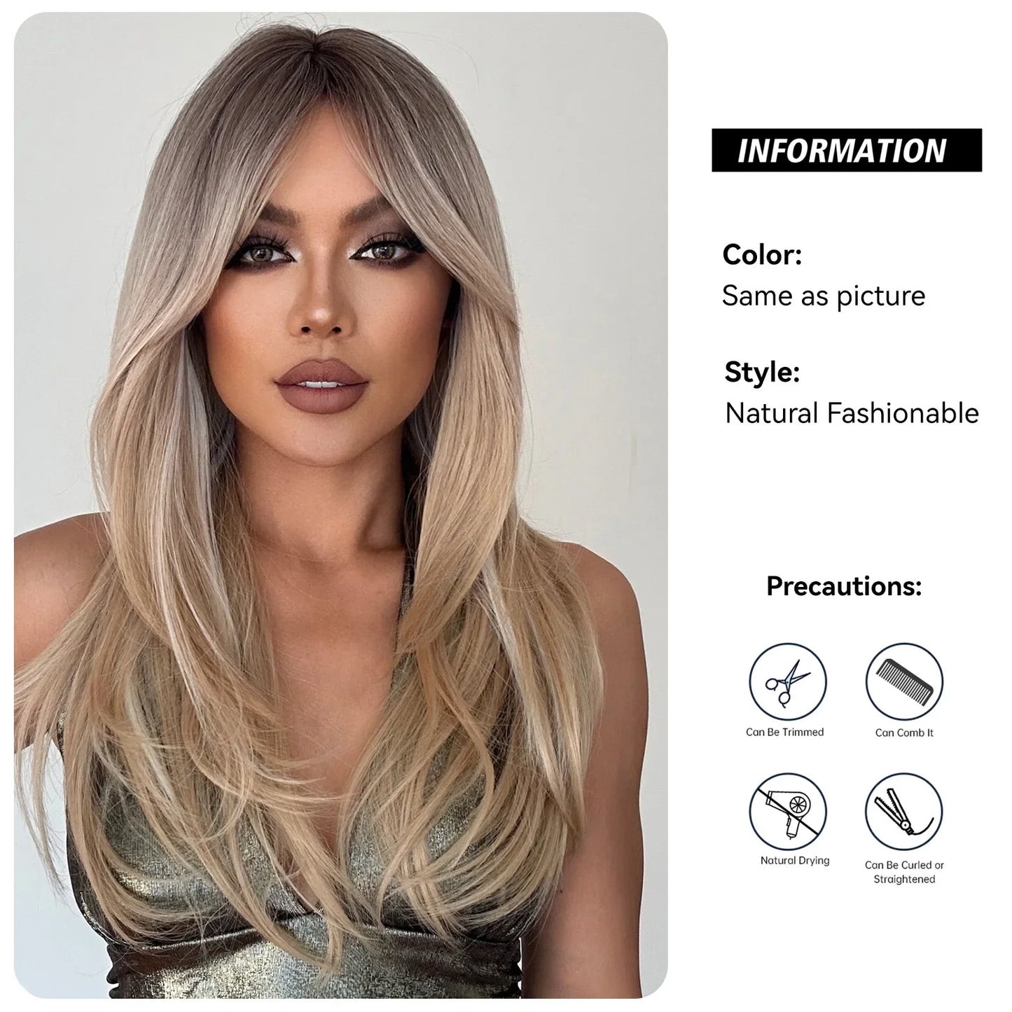 Long Straight Layered Blonde Wig with Platinum Highlights — Synthetic Hair with Bangs, Heat-Resistant for Women Daily & Cosplay