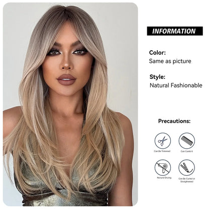 Long Straight Layered Blonde Wig with Platinum Highlights — Synthetic Hair with Bangs, Heat-Resistant for Women Daily & Cosplay