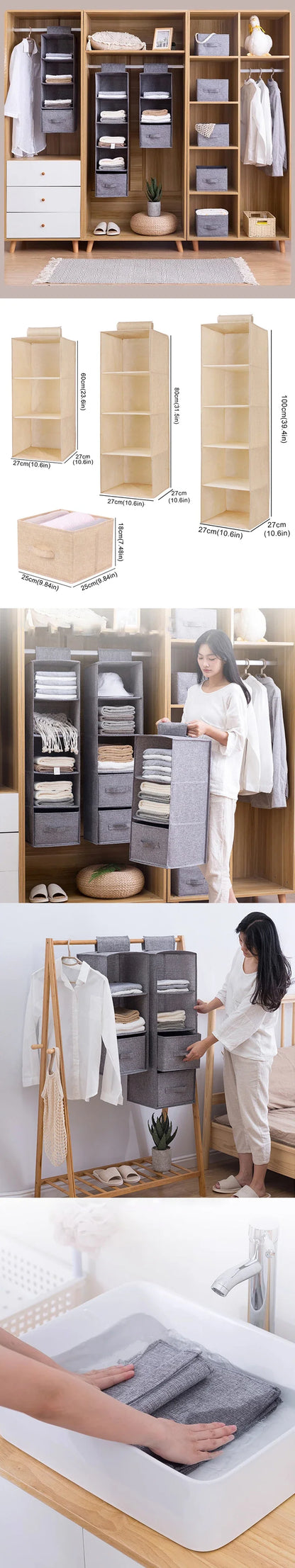 Cotton Linen Hanging Storage Bag with Drawers — Collapsible Wardrobe Organizer Box and Clothes Holder Shelves