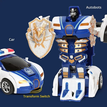Blue Children's Police Car Toy – One-Button Deformation Car, Inertia Impact for Boys