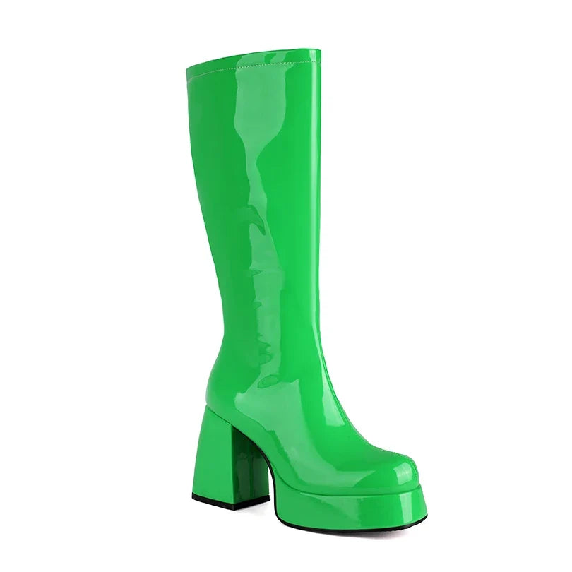 Women’s Plus Size Patent Leather Knee Boots - Square Toe Platform Thick Heel Plush Lined Side Zipper Boots
