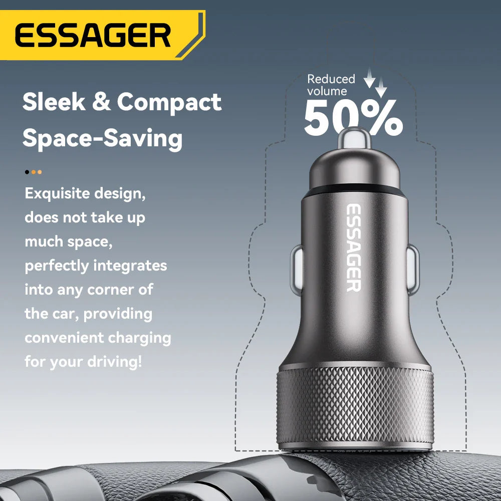 Essager 45W USB-C Car Charger – Dual Port PD 3.0 & QC 3.0 Fast Charging Adapter with Digital Display for iPhone 16/15, Samsung, Xiaomi, Huawei & OPPO Devices