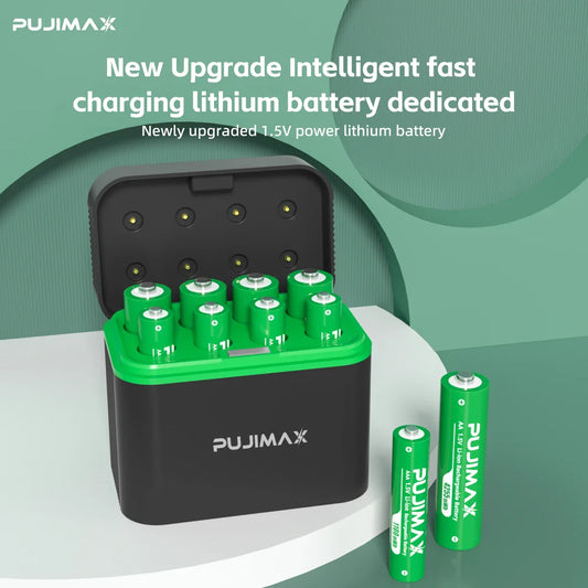 PUJIMAX Smart AA/AAA Lithium Battery Charger – Charges 4 AA + 4 AAA Rechargeable Li-ion Batteries with High Capacity Set