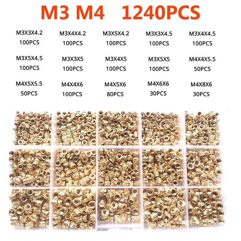 Brass Insert Nut Set M2–M6 – Knurled Hot Melt Threaded Copper Nuts for 3D Printing & Injection Molding