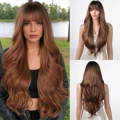 Ombre Honey Brown Long Synthetic Wig with Bangs — Wavy, Realistic, Soft, Heat-Resistant Hair for Daily & Party