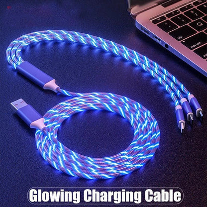 3-in-1 LED Glowing Charging Cable – 3A Micro USB & Type-C Flowing Streamer Cord for iPhone, Xiaomi & Huawei
