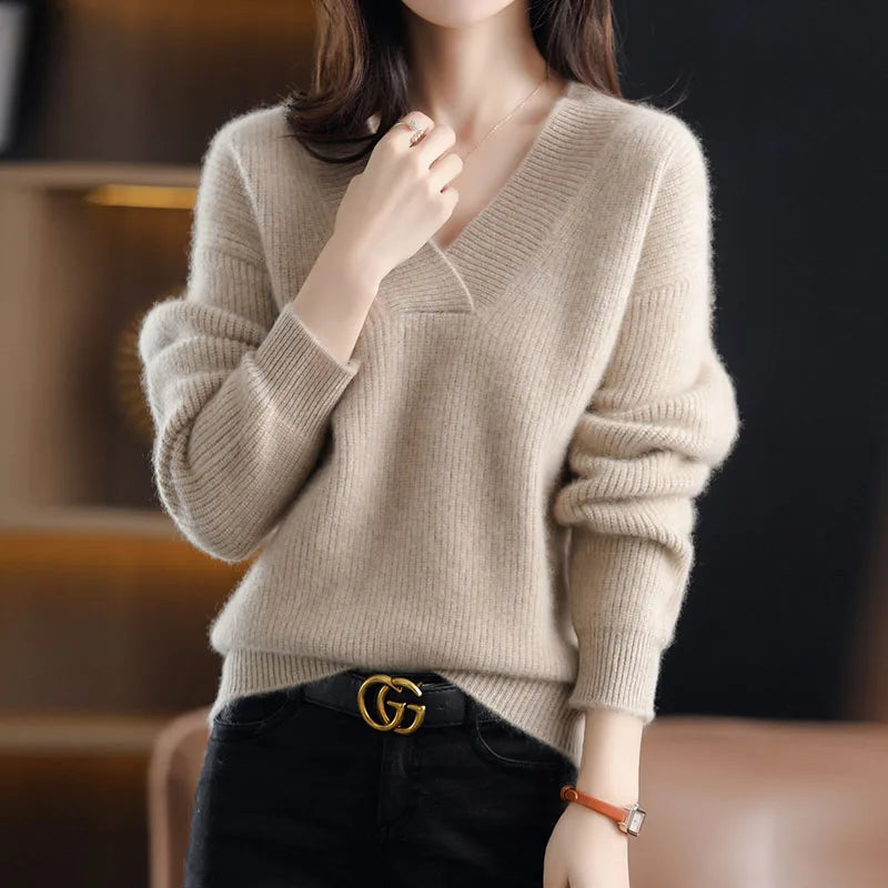 Women’s Knitted V-Neck Sweater – Long Sleeve Solid Pullover Knit Top