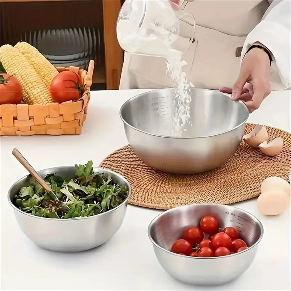 Stainless Steel Mixing Bowl Set (1–3 pcs) with Measurement Scale – Large Capacity Cooking, Baking & Food Storage Bowls for Kitchen Essentials