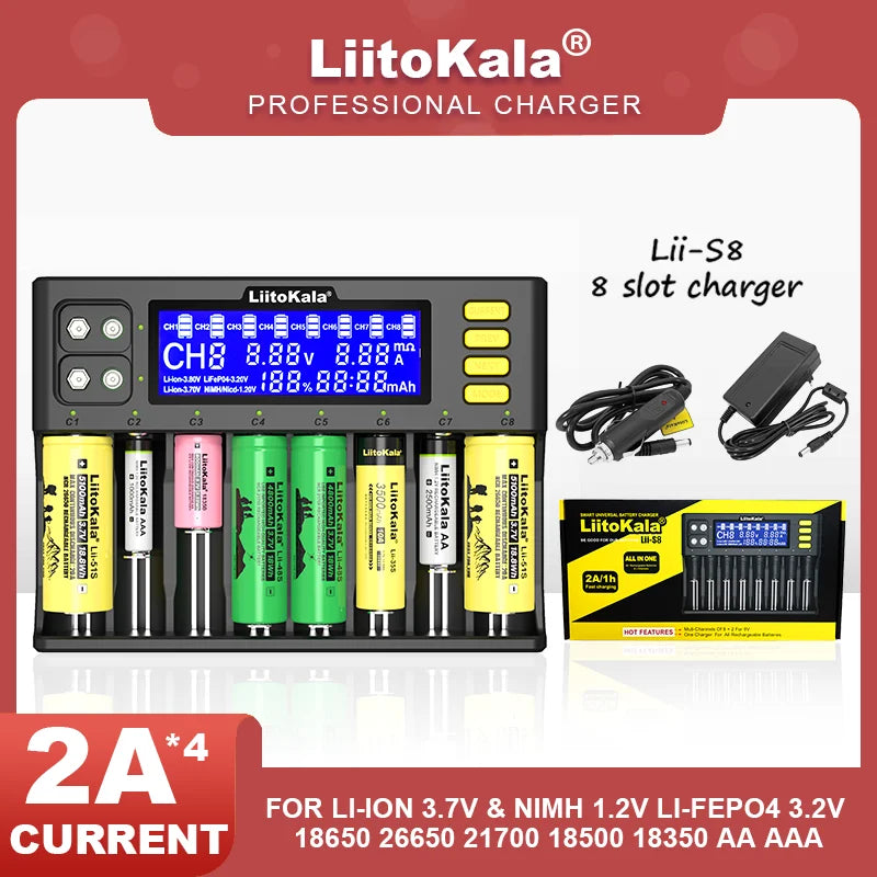 LiitoKala Lii-S12/Lii-S8 Battery Charger – LCD 18650, 21700, 26650, 26700, 20700, 18350, 9V IMR, NiMH/Cd, AA & AAA Rechargeable Batteries