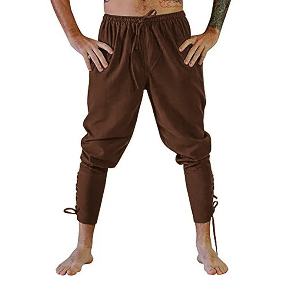 Men’s Pirate & Viking Costume Pants – Renaissance Medieval Drawstring Shorts for Halloween Cosplay