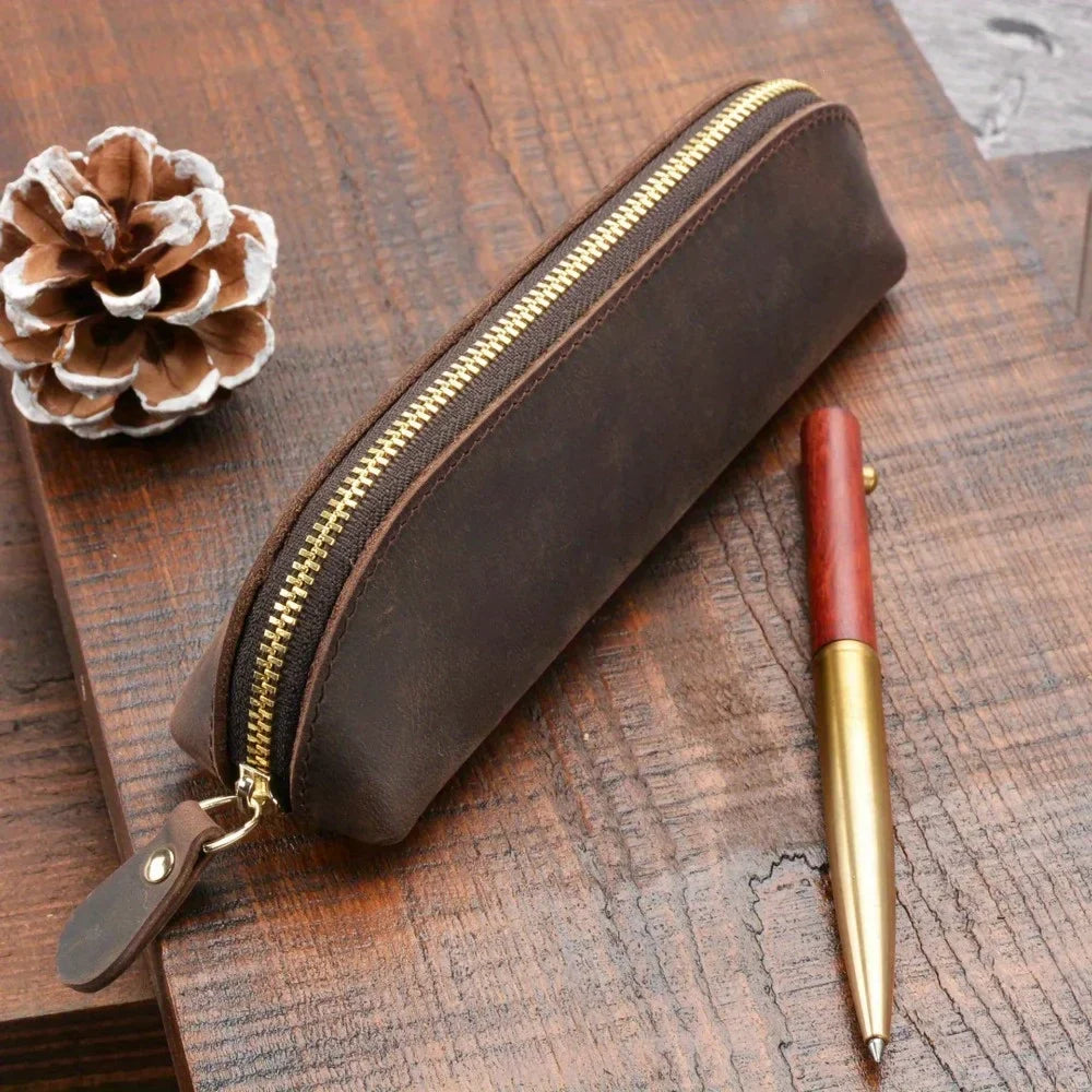 Vintage Leather Pencil Bag – Simple Zipper Pen Case & Stationery Holder Pouch for School Supplies, Glasses & Storage